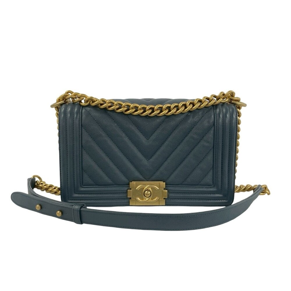 CHANEL Boy Chanel Coco Mark Caviar Skin Chain Shoulder Bag Blue Gray a41-4
